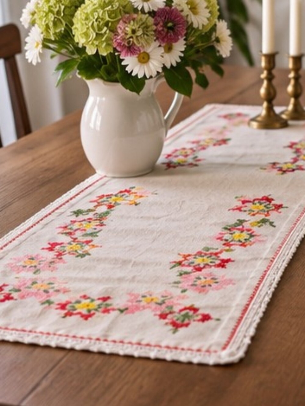 🌺 2/$30 Vintage Linen Table Runner 36x12 Hand Embroidered Floral Crochet Trim